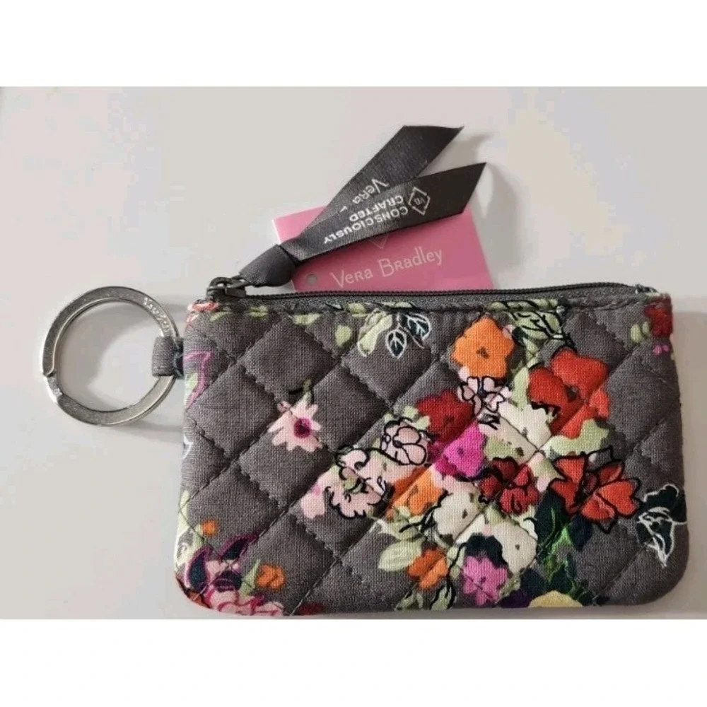 NWT Vera Bradley Zip ID Case Hope Blooms Gray White Wallet Key Ring Coin Purse‎